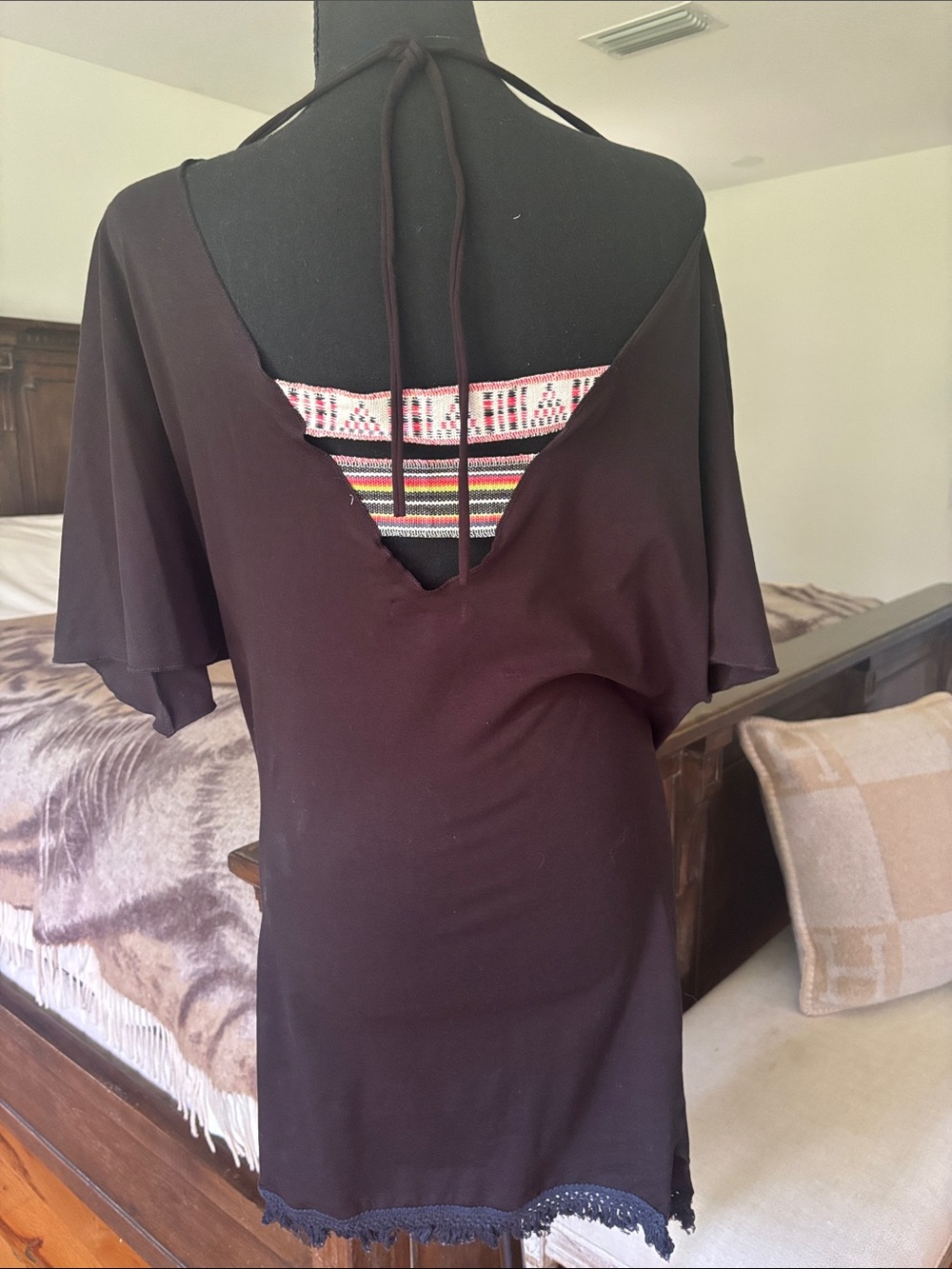 Women’s Black Backless Tunic Dress with Crochet Hem